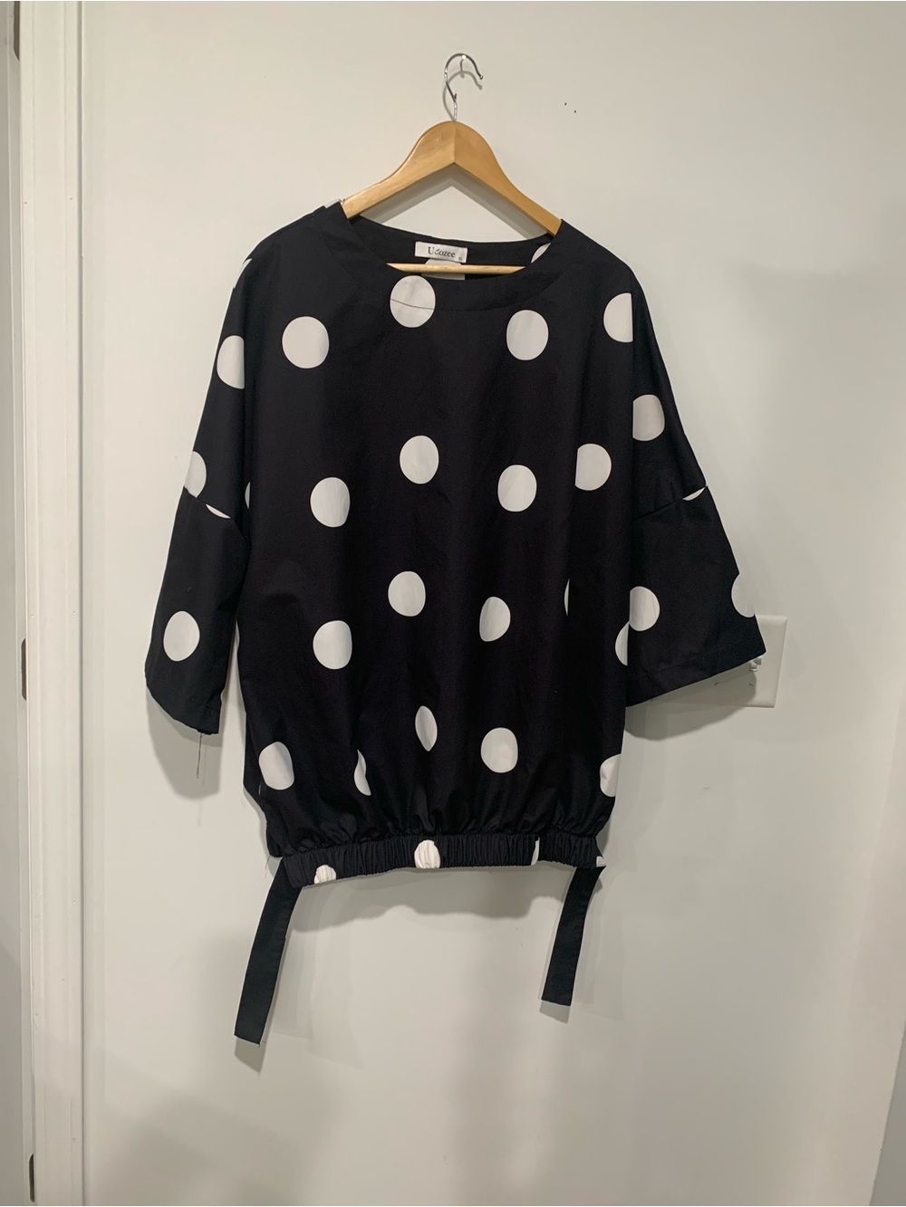 Polka Dot Black-and-White Drawstring Hem Blouse